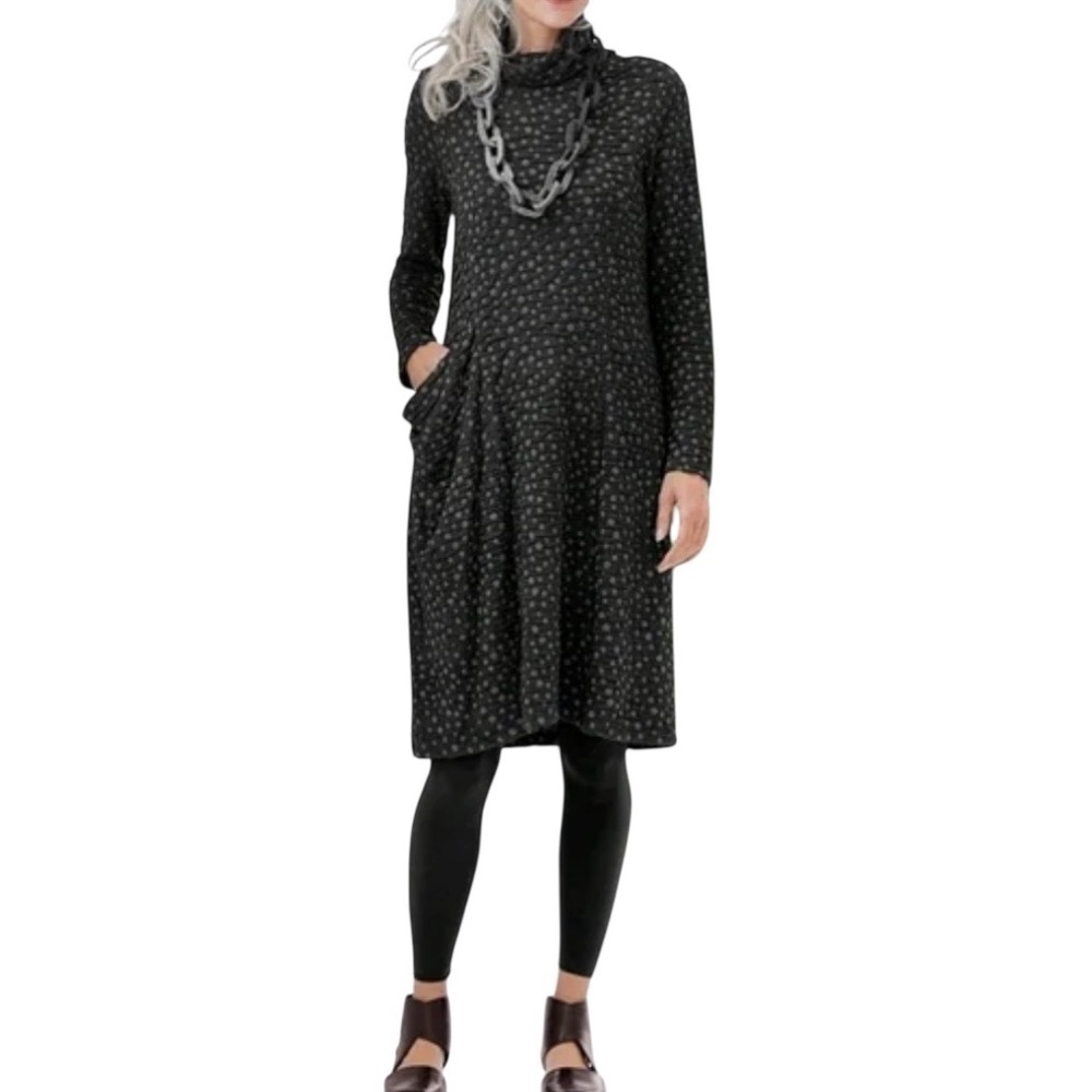 Lisa Bayne Gabrielle Dress Sz Small Black Gray Long Sleeve Cowl Neck Lagenlook